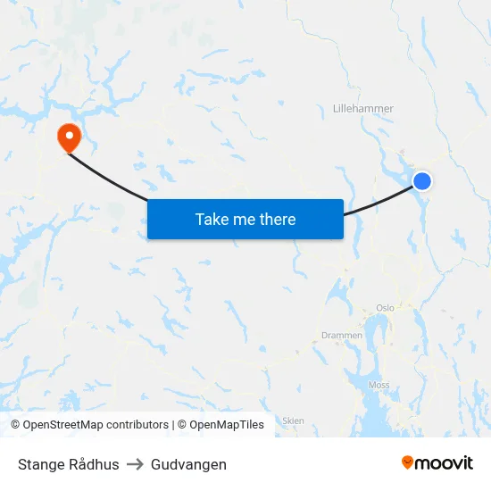 Stange Rådhus to Gudvangen map