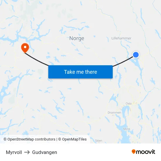 Myrvoll to Gudvangen map