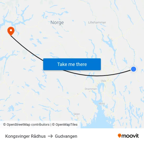 Kongsvinger Rådhus to Gudvangen map
