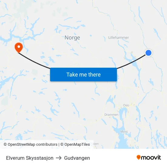 Elverum Skysstasjon to Gudvangen map
