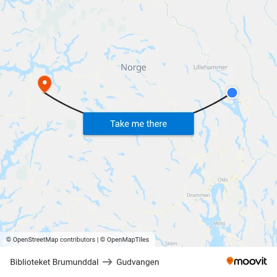 Biblioteket Brumunddal to Gudvangen map