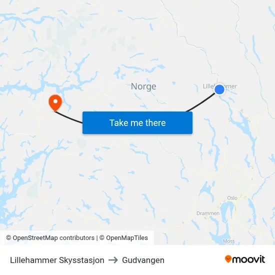 Lillehammer Skysstasjon to Gudvangen map
