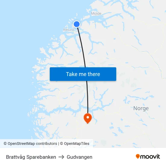 Brattvåg Sparebanken to Gudvangen map