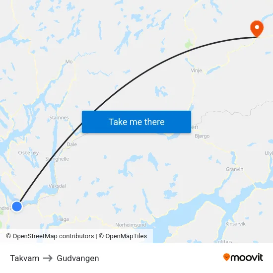 Takvam to Gudvangen map