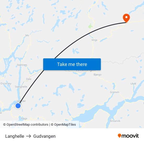 Langhelle to Gudvangen map