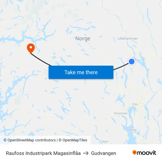 Raufoss Industripark Magasinflåa to Gudvangen map