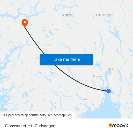 Glassverket to Gudvangen map