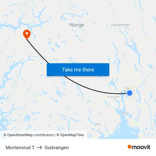 Mortensrud T to Gudvangen map