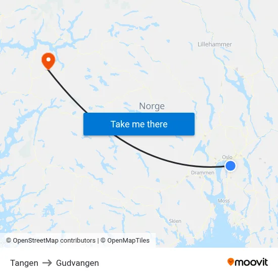 Tangen to Gudvangen map
