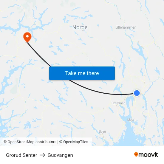 Grorud Senter to Gudvangen map
