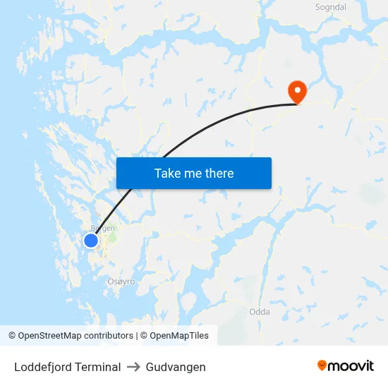 Loddefjord Terminal to Gudvangen map