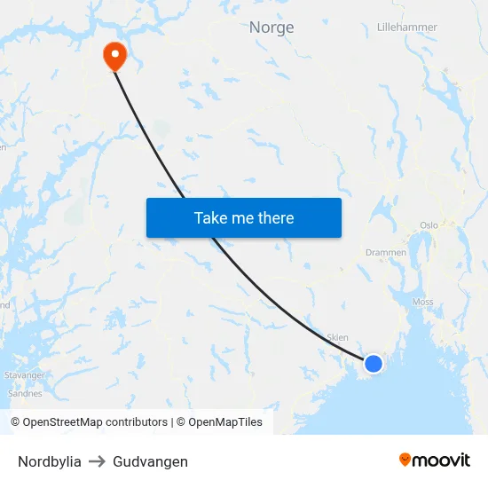 Nordbylia to Gudvangen map