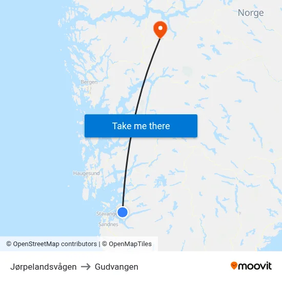 Jørpelandsvågen to Gudvangen map