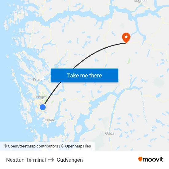 Nesttun Terminal to Gudvangen map