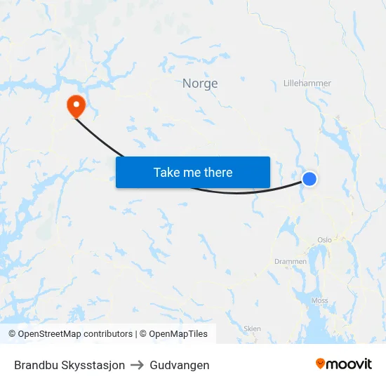 Brandbu Skysstasjon to Gudvangen map