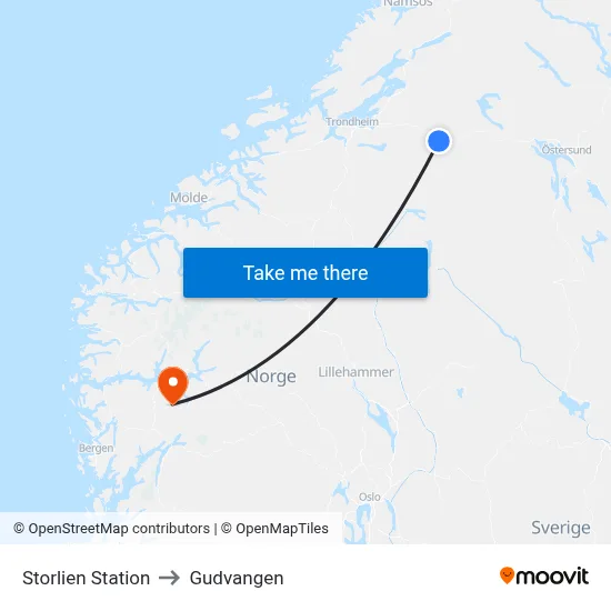 Storlien Station to Gudvangen map