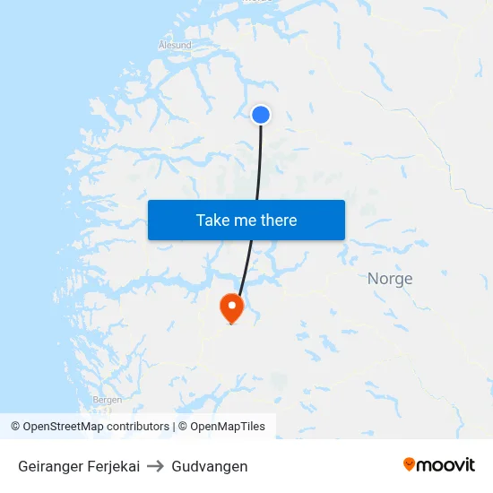 Geiranger Ferjekai to Gudvangen map