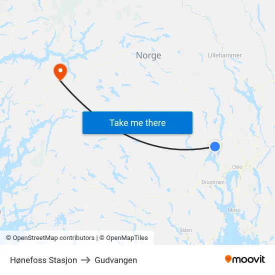 Hønefoss Stasjon to Gudvangen map