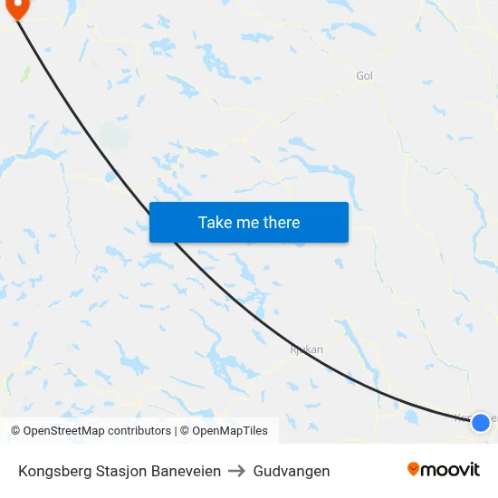 Kongsberg Stasjon Baneveien to Gudvangen map