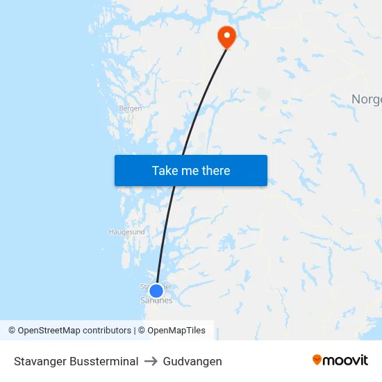 Stavanger Bussterminal to Gudvangen map