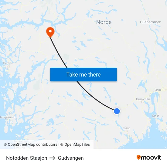 Notodden Stasjon to Gudvangen map