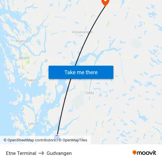 Etne Terminal to Gudvangen map