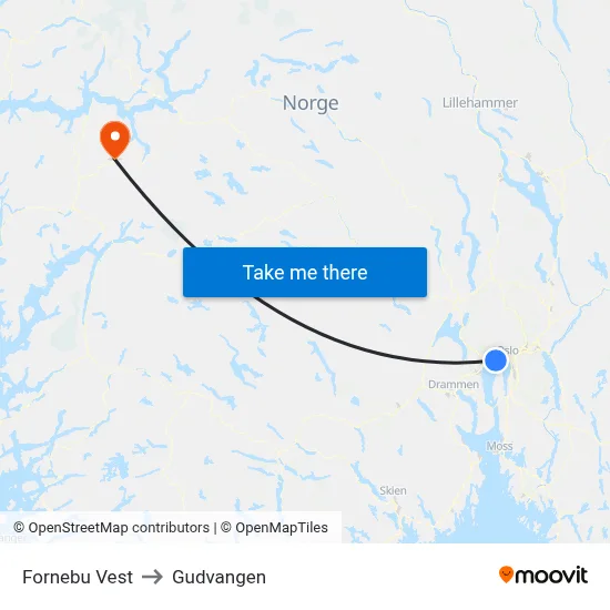 Fornebu Vest to Gudvangen map