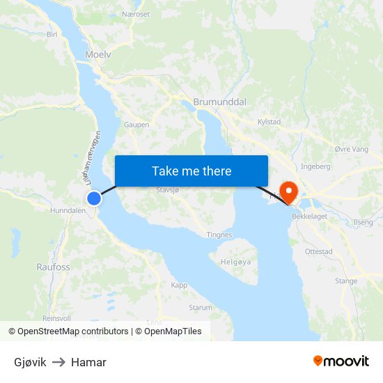 Gjøvik to Hamar map