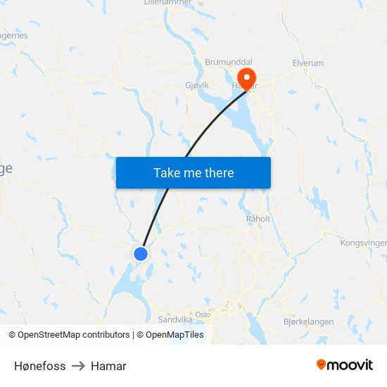 Hønefoss to Hamar map