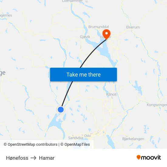 Hønefoss to Hamar map