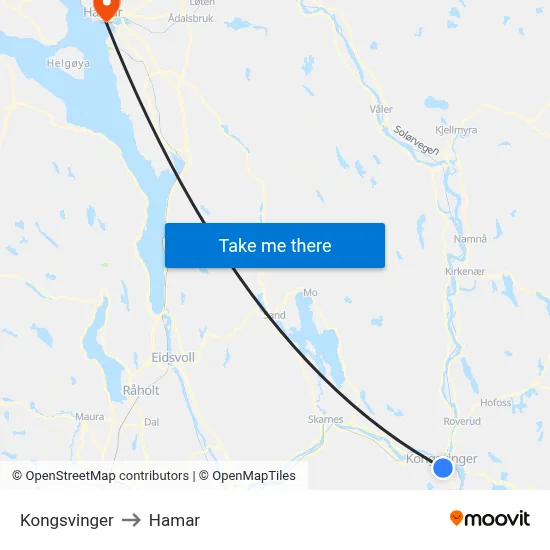 Kongsvinger to Hamar map