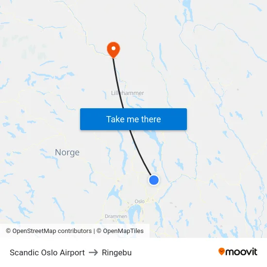 Scandic Oslo Airport to Ringebu map