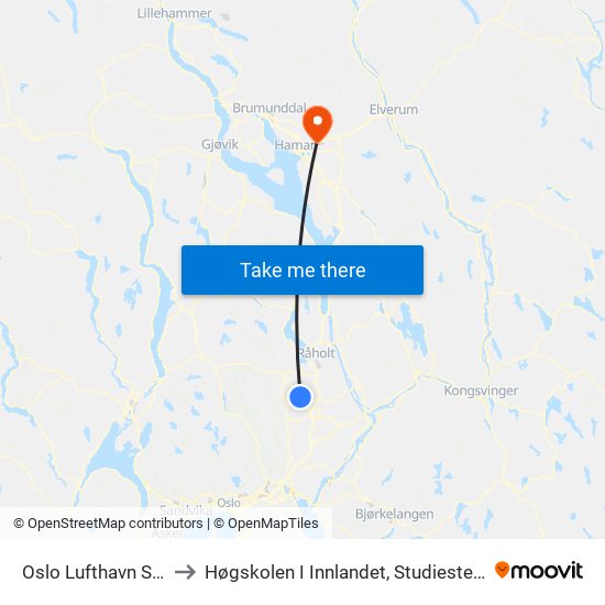 Oslo Lufthavn Stasjon to Høgskolen I Innlandet, Studiested Blæstad map