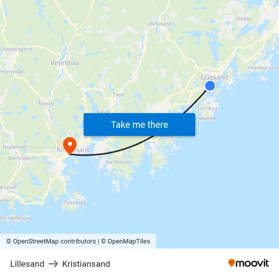 Lillesand to Kristiansand map
