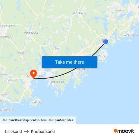 Lillesand to Kristiansand map