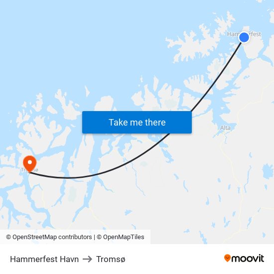 Hammerfest Havn to Tromsø map