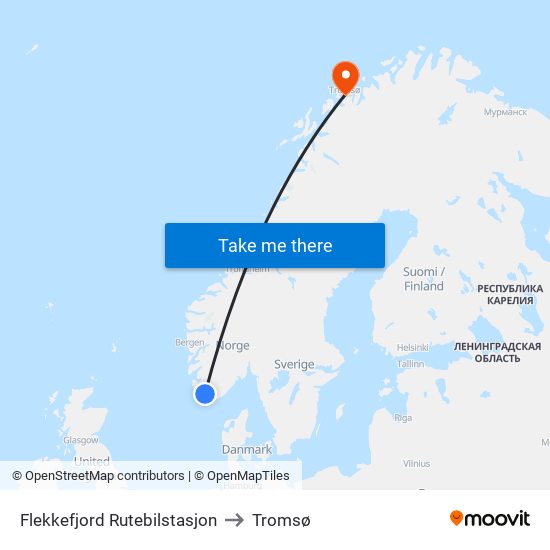 Flekkefjord Rutebilstasjon to Tromsø map