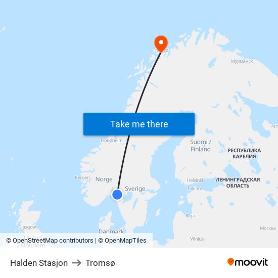 Halden Stasjon to Tromsø map