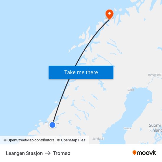 Leangen Stasjon to Tromsø map