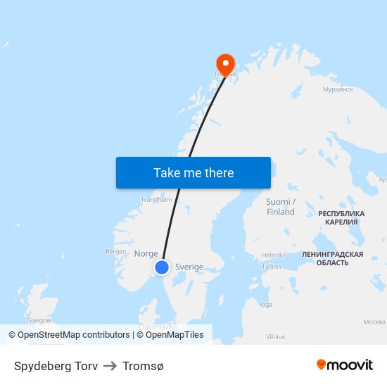 Spydeberg Torv to Tromsø map