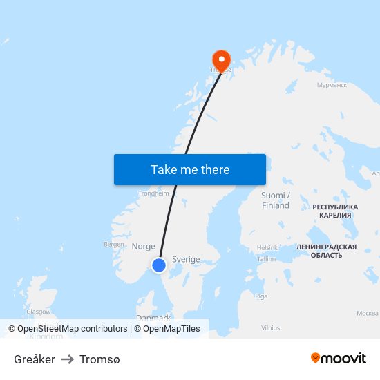 Greåker to Tromsø map