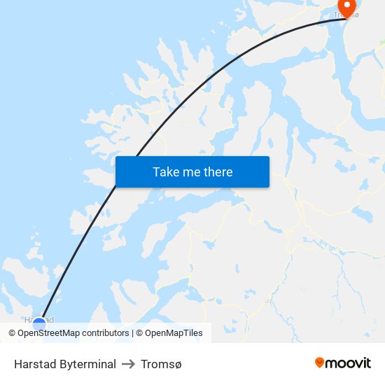 Harstad Byterminal to Tromsø map