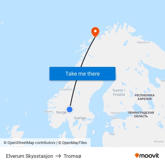 Elverum Skysstasjon to Tromsø map