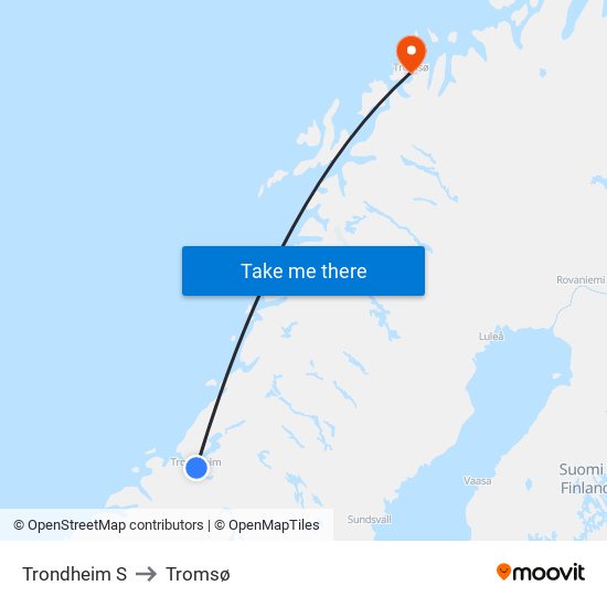 Trondheim S to Tromsø map