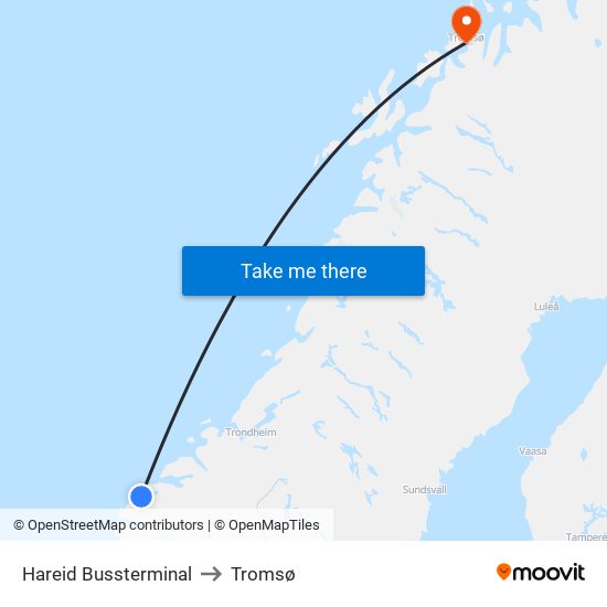 Hareid Bussterminal to Tromsø map