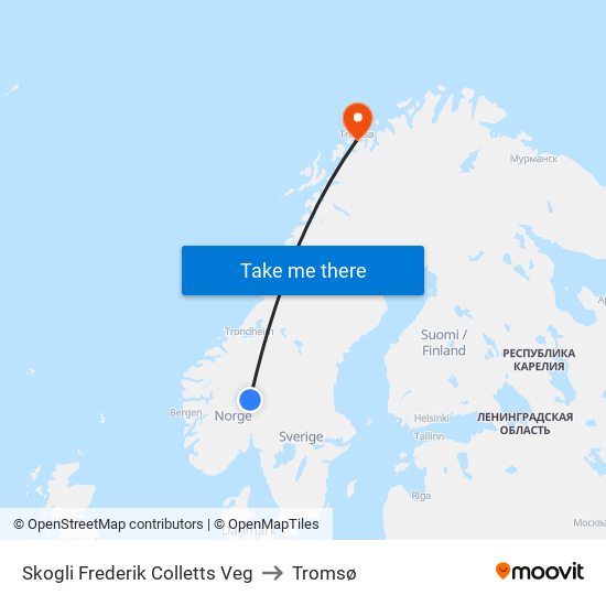 Skogli Frederik Colletts Veg to Tromsø map