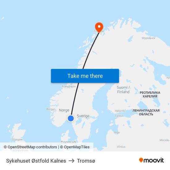 Sykehuset Østfold Kalnes to Tromsø map