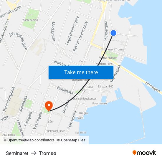 Seminaret to Tromsø map