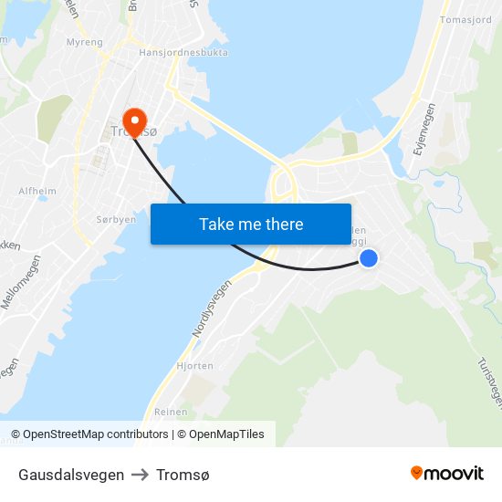 Gausdalsvegen to Tromsø map