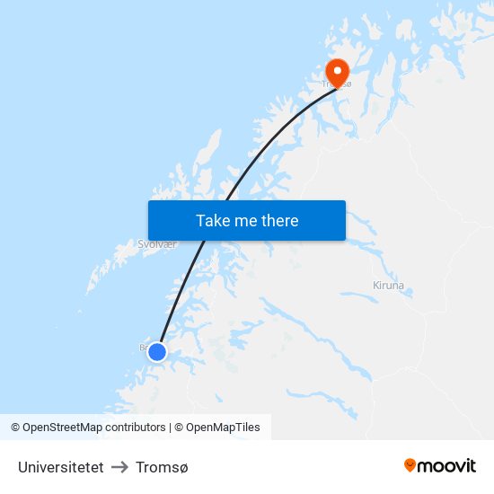Universitetet to Tromsø map